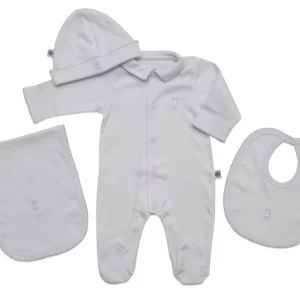 AJUAR 4 PIEZAS + CAJA (babero, enterito c pie, babita y gorro)